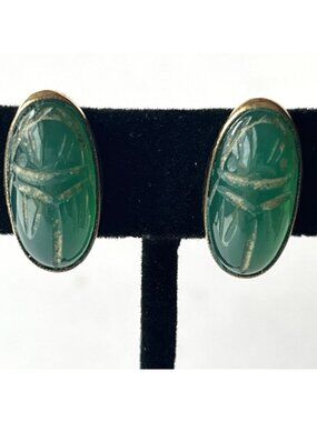 Vintage Scarab Beetle Screw Back Earrings 12K Gold Filled Green Egyptian Revival